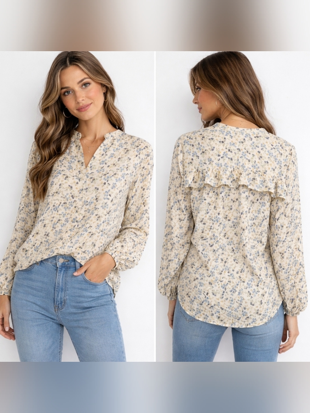 Max Studio Floral Ruffle Back Blouse Cream Blue Yellow S